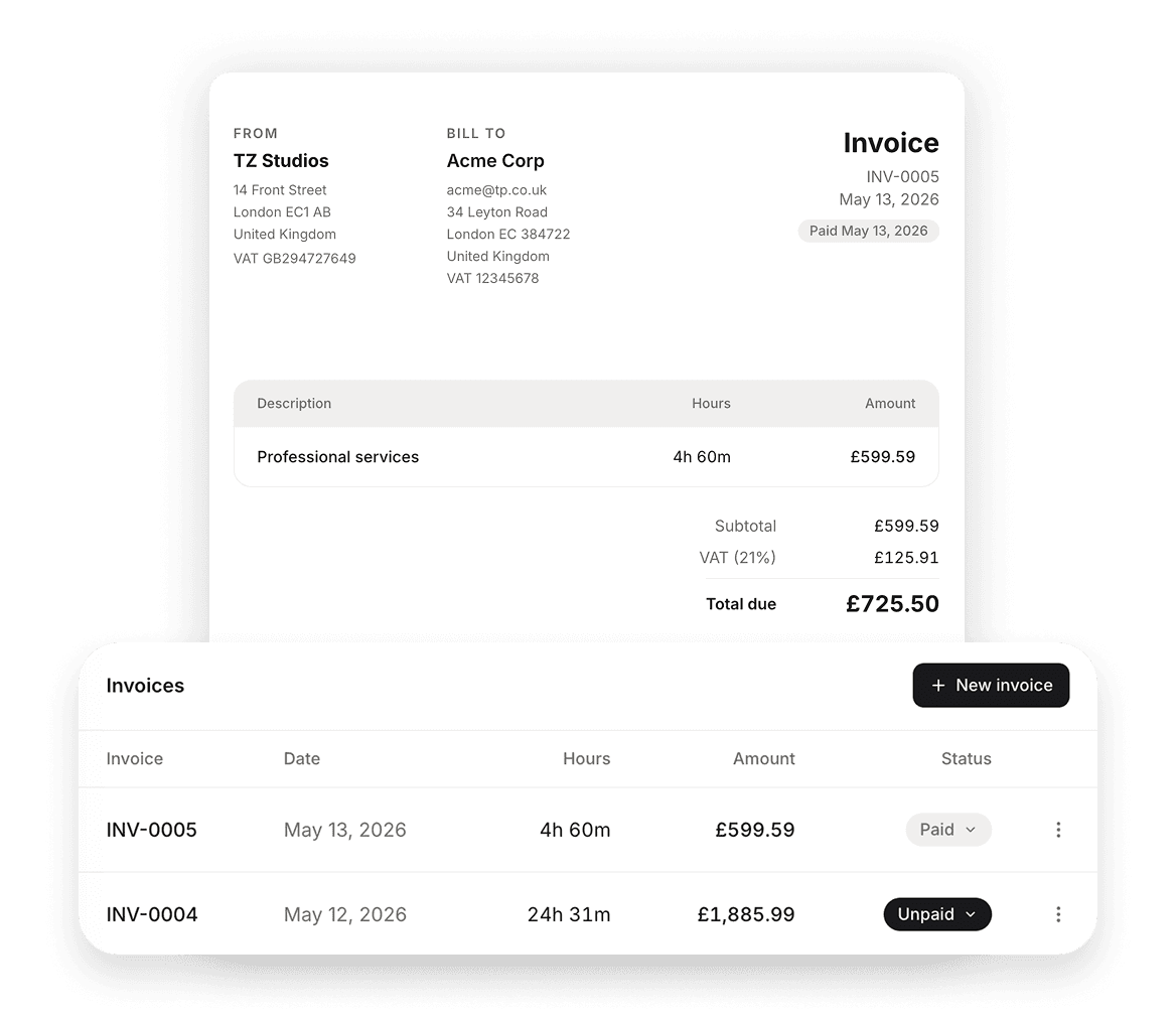 Turn logged hours into a professional invoice in seconds.